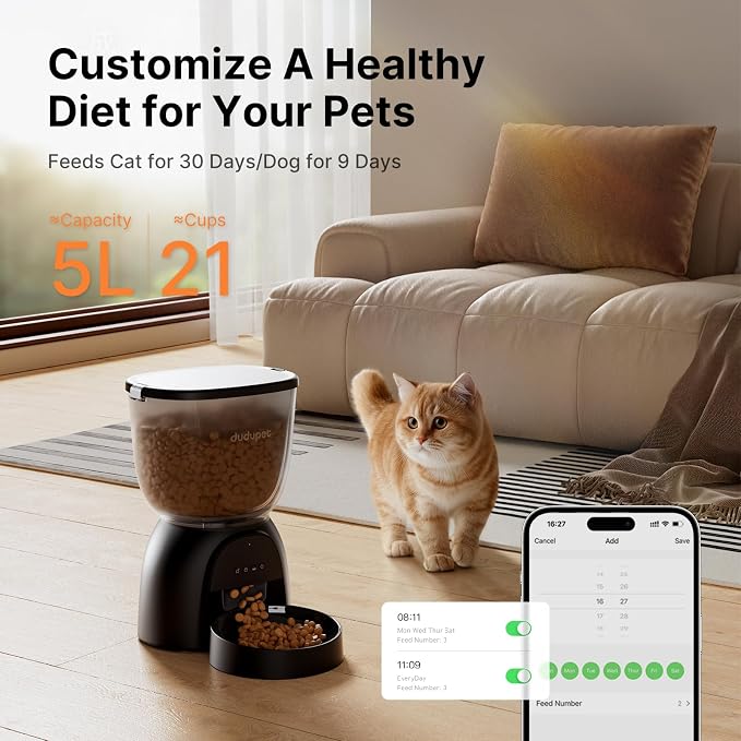 Automatic Cat Feeder with WiFi, Timed Cat Dry Food Dispenser for Cats Dog | 5L Capacity, App Remote Control, 5G&2.4Ghz, Dual Power, 10 Meals 1-15 Portion Programmable, Sealed Food Tank