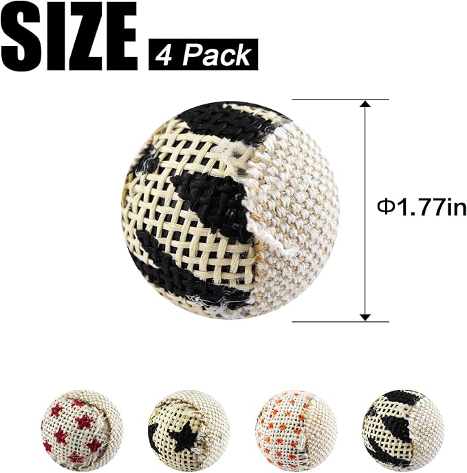 TTcat Canvas Burlap Cat Toy Balls, 4 Pack Natural Woven Linen Cat Play Balls, Durable Textured Kitten Chew Chase Toys, Lightweight Interactive Cat Ball Toys for Indoor Kittens & Cats.