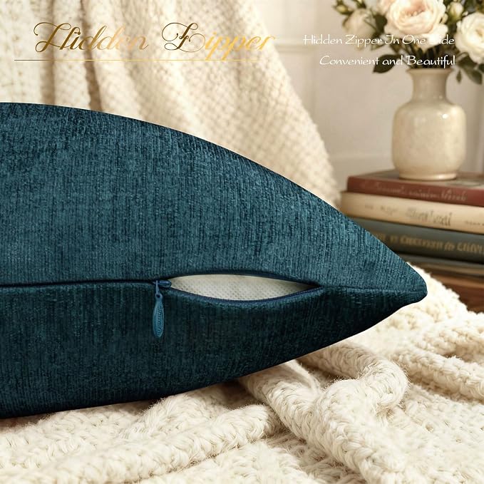 BRAWARM Throw Pillow Covers 12x20 Inches - Deep Lagoon Chenille Lumbar Pillow Covers Pack of 2, Solid Dyed Soft Chenille Pillow Cases for Couch Sofa Bed Home Decoration