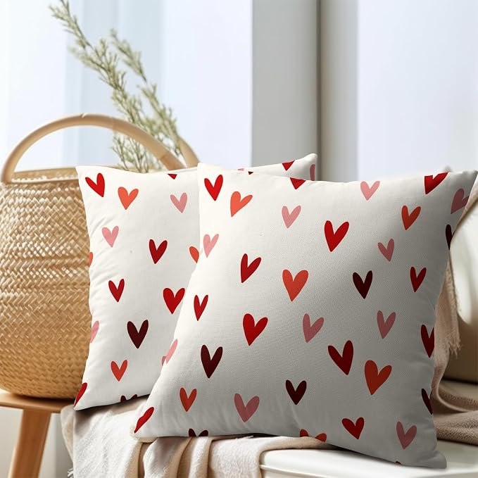 Kawani Valentines Day Throw Pillow Covers 22x22 Inch Red Pink Love Hearts Print Square Pillowcases Cotton Linen Cushion Cover for Couch Sofa Bed Anniversary Wedding Holiday Home Decor