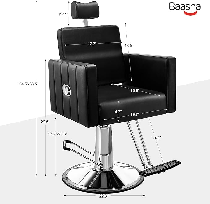 Baasha Reclining White Salon Chair with Adjustable Headrest, All-Purpose Hydraulic Styling Chair, Soft PU Leather, Heavy-Duty Steel Frame, 440 lbs Capacity, for Haircut, Braiding & Tattoo
