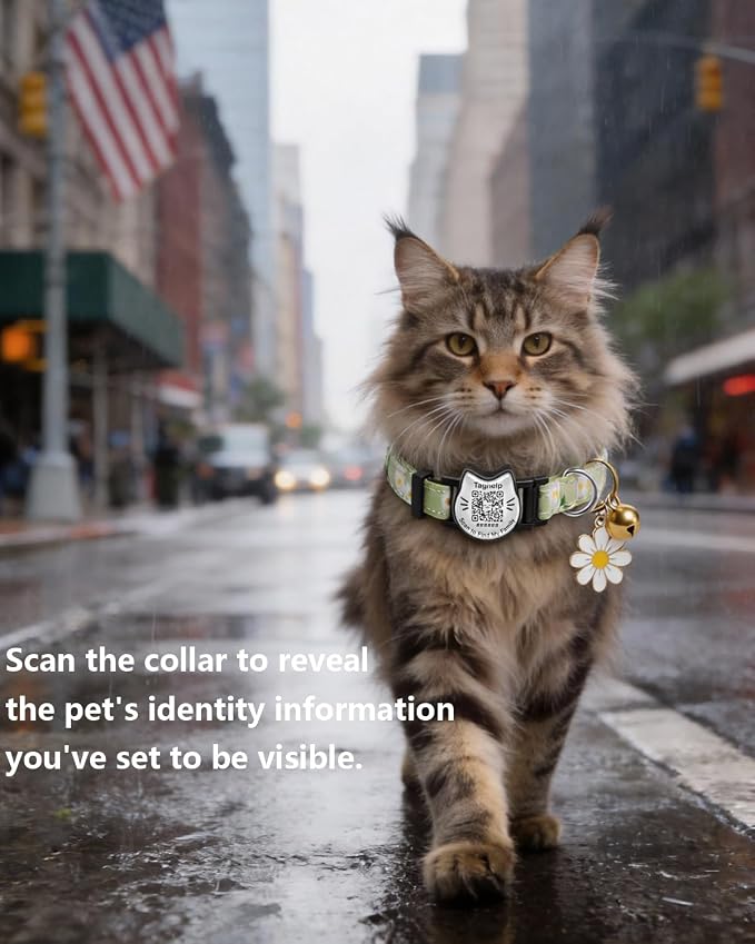 Breakaway Cat Collar with QR Code Tag and Bell (Yellow & Green, Pastoral Style)