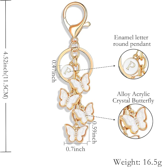 XGALBLA White Pink Black Cute Butterfly Initial Letter Keychain for Women, Butterfly Bag Charms Keyring for Handbags Backpack