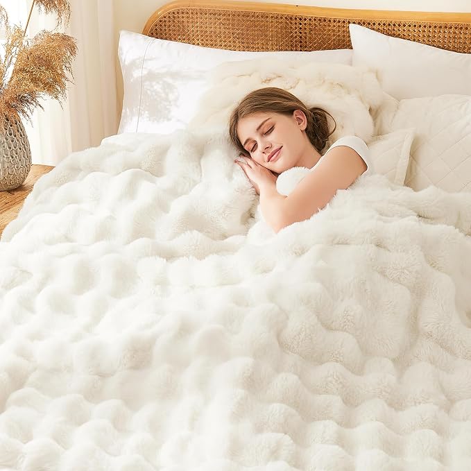 L'AGRATY Faux Rabbit Fur Throw Blanket for Couch, 90'' x 90'', Cream White | Soft Cozy Bubble Fluffy Blanket for Sofa Bed, Thick Warm Plush Fuzzy Throw for Room Home Decor, Luxury Gift for Women Mom