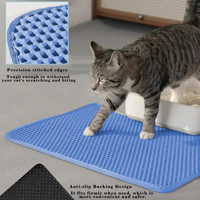 HCY&WLD Cat Litter Mat, Double Layer Cat Litter Box Mat (30x22 Inch, Blue) | Waterproof Urine-Proof Non-Slip Litter Trapping Mat, Soft on Kitty Paws, Scratch-Resistant, Scatter Control, Easy to Clean