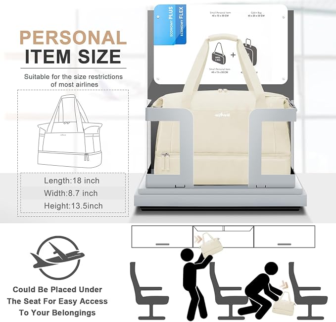 Gym Bag for Women, Personal Item Travel Bag with Shoes Compartment, Weekender Overnight Duffel Bag with Wet Pocket, Carry On Bag for Women, Travel, Gym, Weekend (Beige)