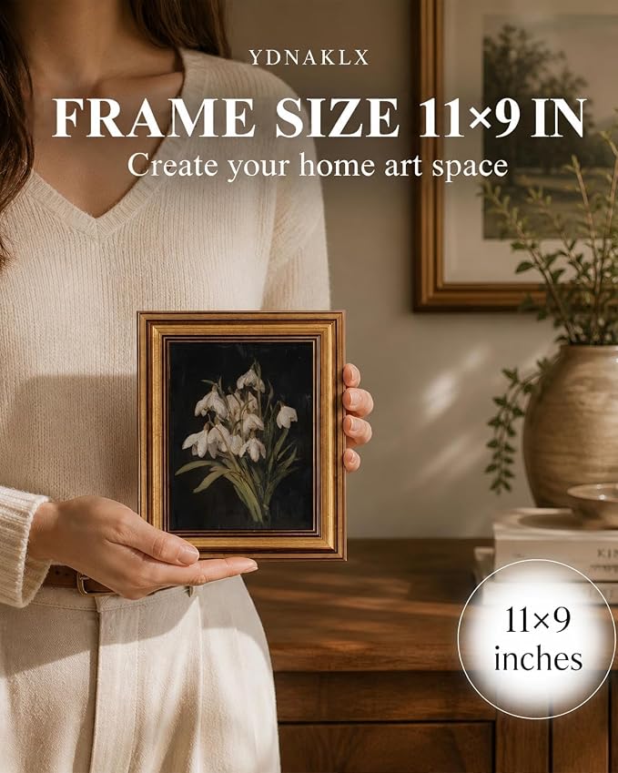 Gold Framed Wall Art, Vintage Snowdrop Flower Canvas Prints, Old World Botanical Still Life Picture Wall Decor, Moody Dark Academia Rustic Floral Artwork for Living Room Bedroom 9x11 inch