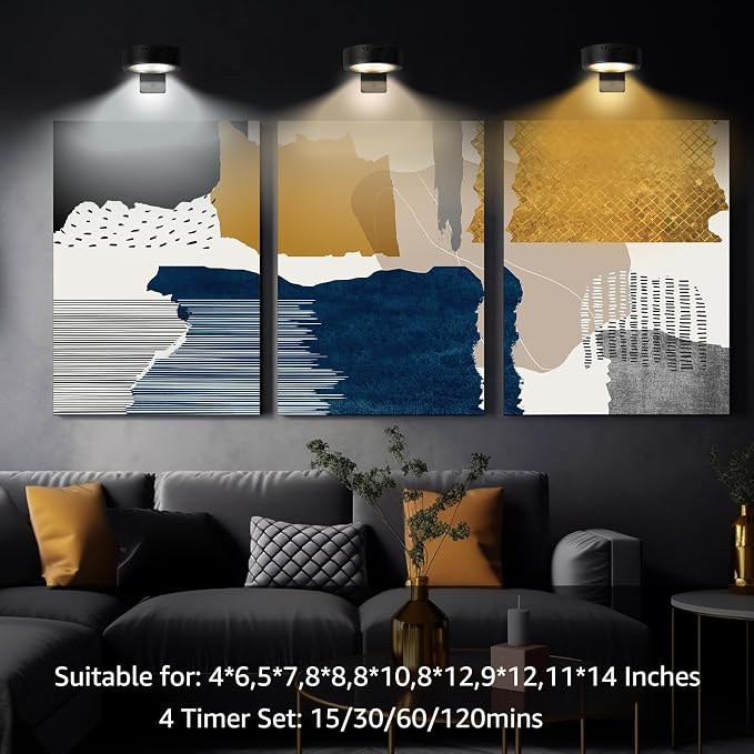 MIOBLUE 3Pack Rechargeable Battery Pictureainting Light with Remote Control Dimmable and Timer, Magnetic Art Display Puck Light 3 Lighting Modes for Paintings Wall Decor