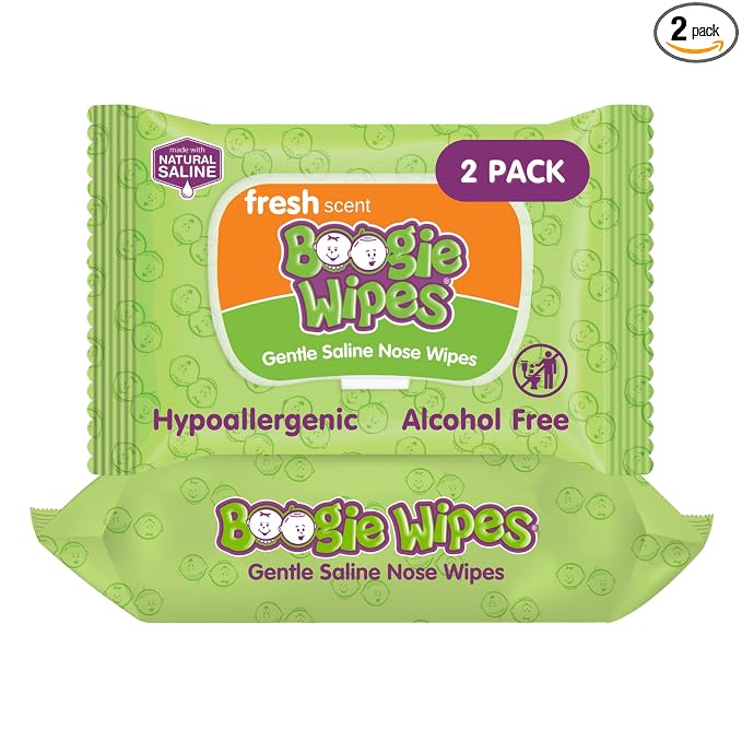 Boogie Wipes Gentle Saline Nose Wipes - 90 Count - Fresh Scent, Hypoallergenic & Alcohol-Free - Allergy Relief - Made with Natural Saline, Aloe, Chamomile & Vitamin E - Diaper Bag Essential