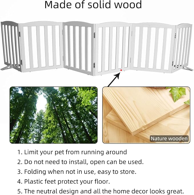 ZJSF Foldable Freestanding Indoor Dog Gate for House Wood White Long Pet Gates Dog Fence for Stairs Puppy Gates for Hallways,Pet Fence, Puppy Gate,Support Feet Included 24 "Height-6 Panels