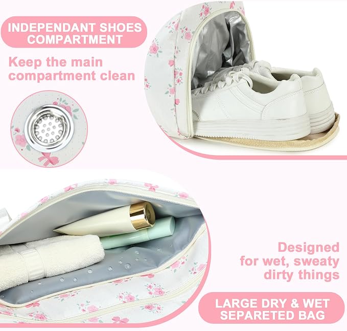 Gym Bag Sports Duffle Bag with Wet Pocket Weekender Overnight Bags with Waterproof Shoe Pouch and Air Hole for Girls Kids Women Workout Travel Bags (Bow Flower-Beige)