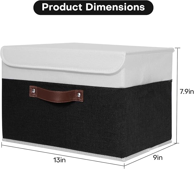 ANMINY Fabric Storage Box Bins with Lids, Black White, 13"x9"x7.9" | Keepsake Memory Storage, Cotton Linen, PP Board Reinforced, Washable, PU Handles, Foldable & Stackable, Decorative, Medium