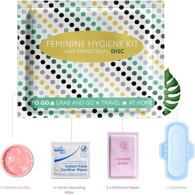 Menstrual Disc Kit with Pad – Single Pack | Convenient On-the-Go Period Essentials | Includes Pads, Feminine Wipes, and Hand Wipe for Complete Hygiene Care (Polka Dots)