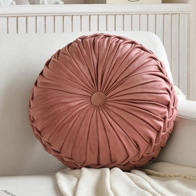 Teieas 2 Pcs Round Throw Pillows Decorative Velvet Pleated Bed Pillows | Boho floor pillows,back support for couch,chair,dorm,car,sofa,home decor 14.96 in blush