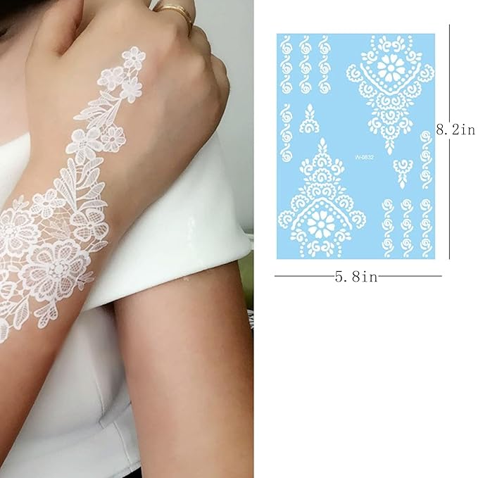 6 Sheets Henna Tattoos Temporary Stickers White Flower Geometric Waterproof Henna Tattoos for Women Indian Diwali Supplies Wedding Party Festivals Decoration