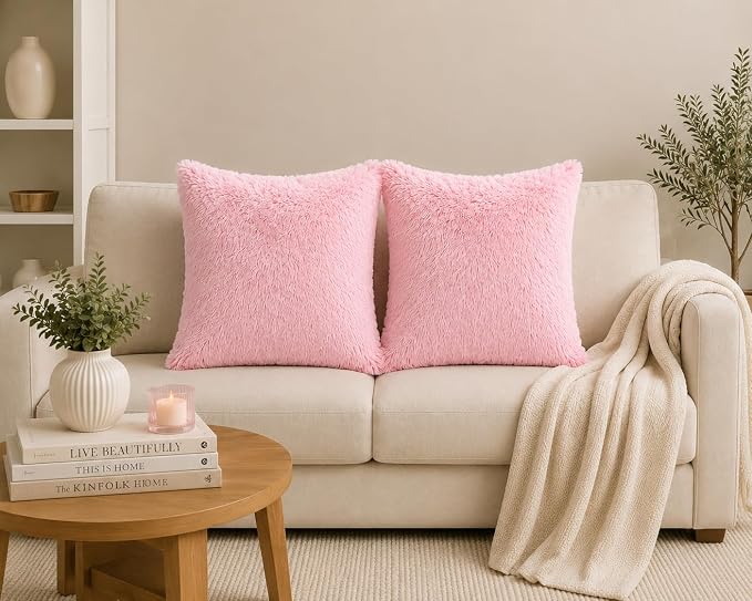 REAFORT Long Hair Faux Fur Euro Sham Cover 26"x26", Hidden Zipper (Pink) | Ultra-soft plush faux fur with a hidden zipper adds luxurious comfort and is machine washable for easy care.