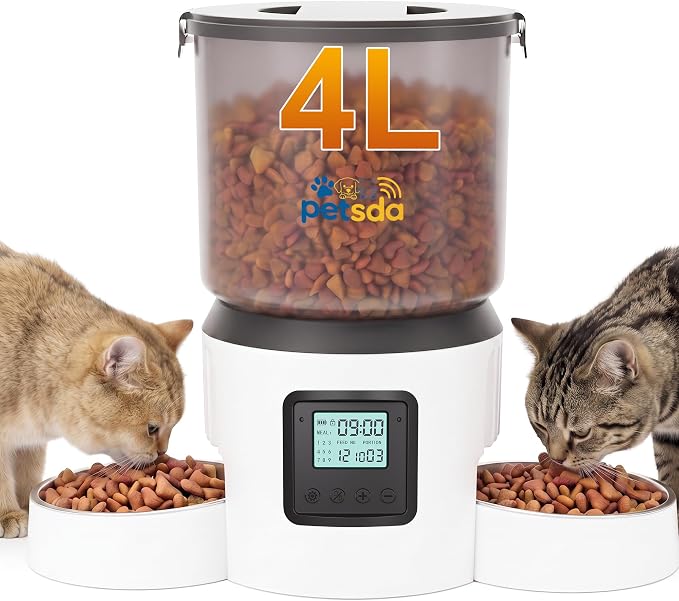 Automatic Cat Feeder for 2 Cats 4L Timed Cat Dry Food Dispenser Double Bowl Auto Pet Feeder and Small Dogs Dual Power Supply 9 Meals Programmable 1-15 Portion Per Day with Stainless Bowl Easy Clean