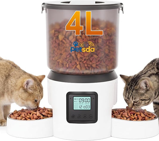 Automatic Cat Feeder for 2 Cats 4L Timed Cat Dry Food Dispenser Double Bowl Auto Pet Feeder and Small Dogs Dual Power Supply 9 Meals Programmable 1-15 Portion Per Day with Stainless Bowl Easy Clean