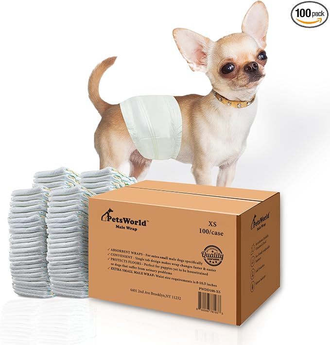 Dog Diapers Male X-Small 100 Count Disposable Male Dog Wraps – Super Absorbent Belly Bands with Wetness Indicator, Fur-Friendly Adjustable Fit for Incontinence & Training (Waist 8–10.5 in)