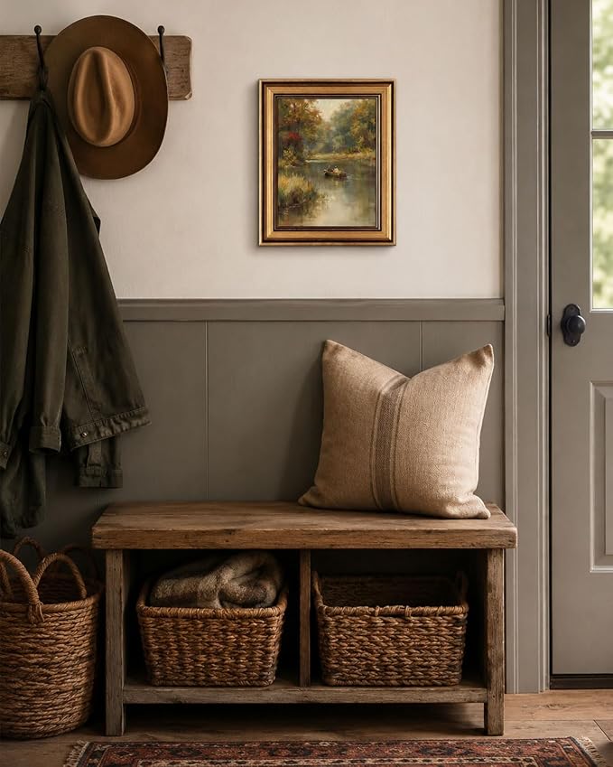 Gold Framed Wall Art, Country Fisherman Canvas Prints, Vintage Rowboat River Fall Landscape Picture Wall Decor, Rustic Farmhouse Cottagecore Artwork for Living Room Bedroom 9x11 inch