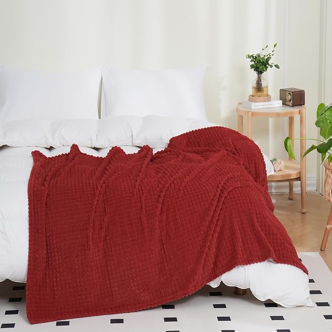 Puncuntex Fleece Throw Blanket Red 50"×70" with Square Grid Design | Super Soft Plush Cozy Flannel Throw Blanket Luxury for Couch Sofa Chair