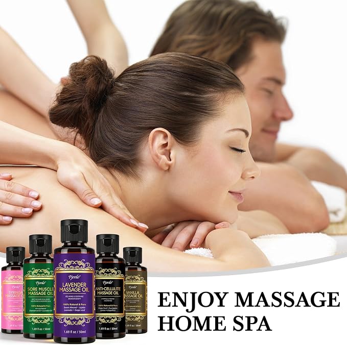 Pjordo 5 Pack Massage Oil for Massage Therapy, Lavender, Vanilla, Sore Muscle, Syringa & Anti Cellulite Massage Oil Kit for Relaxing Muscle & Soothing The Body, Home Spa Gift for Her Him