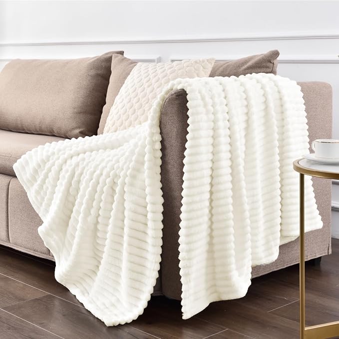 BEDELITE 3D Ribbed Jacquard Cream Full Size Blankes for Bed, 84x90 Inch | Soft Warm Decorative Fluffy Blanket, Cozy Fuzzy Lightweight Plush Fleece Throw Blankets for Bed, Room Decor, Gift for Women
