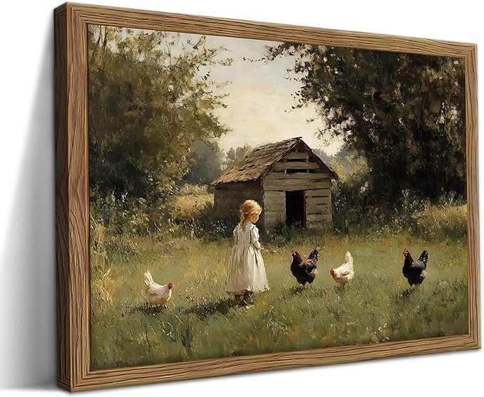 Vintage Country Framed Wall Art, Little Girl and Chick Canvas Prints, Rustic Landscape Picture Painting, Pastoral Farmhouse Wall Decor for Living Room Bedroom – Dark Wooden Frame 8x10in