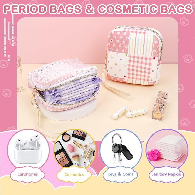 Likesing Quilted Period Bag, Period Pouches for Teen Girls Womens, Portable Floral Print Sanitary Napkin Storage Bag Feminine Emergency Tampon Pad Pouch(Pink Floral Clash)