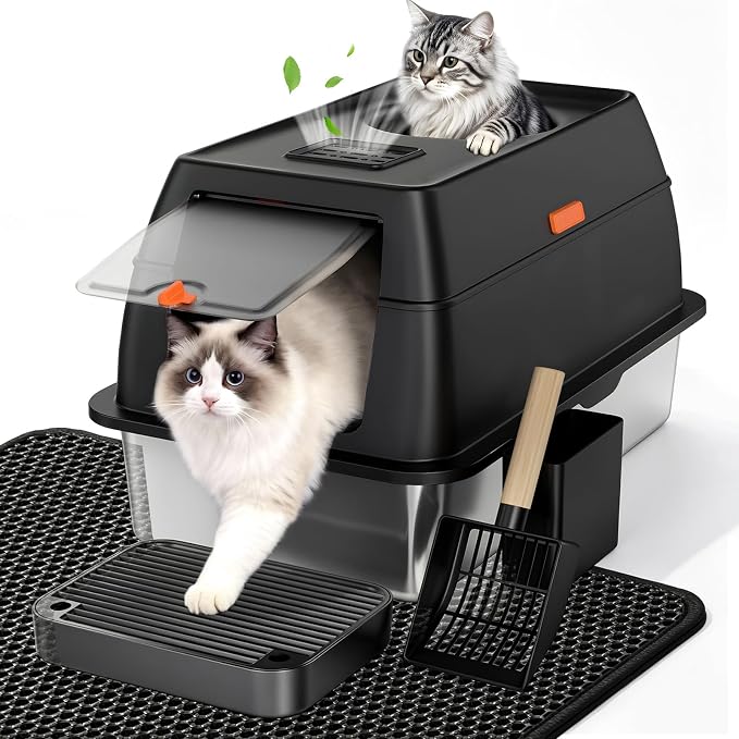 XL Enclosed Stainless Steel Litter Box with Lid, Black | covered, High Sided, Rustproof & Leak Proof, Easy Clean, Odor Control, Includes Scoop & Step & Mat