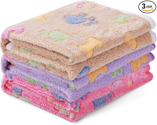1 Pack 3 Blankets Super Soft Fluffy Cute Bone Pattern Pet Blanket Flannel Throw for Dog Puppy Cat Pink/Brown/Purple Large | Washable Throw Blanket for Crate, Couch, Bed, Travel. Cute Paw & Bone Print. Puppy Essential, Dog Gift,Pink/Brown/Purple