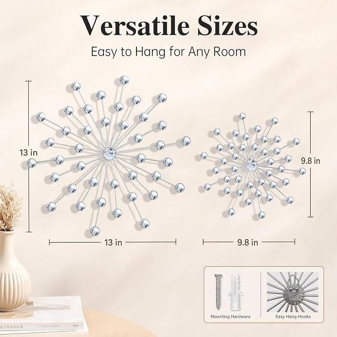 ZEXUIRU 4 Set Silver Starburst Wall Art for Home Decor Metal Bling Crystal Rhinestones Sunburst Wall Decor Sparkling Rhinestone Art Accent Silver - 13 in