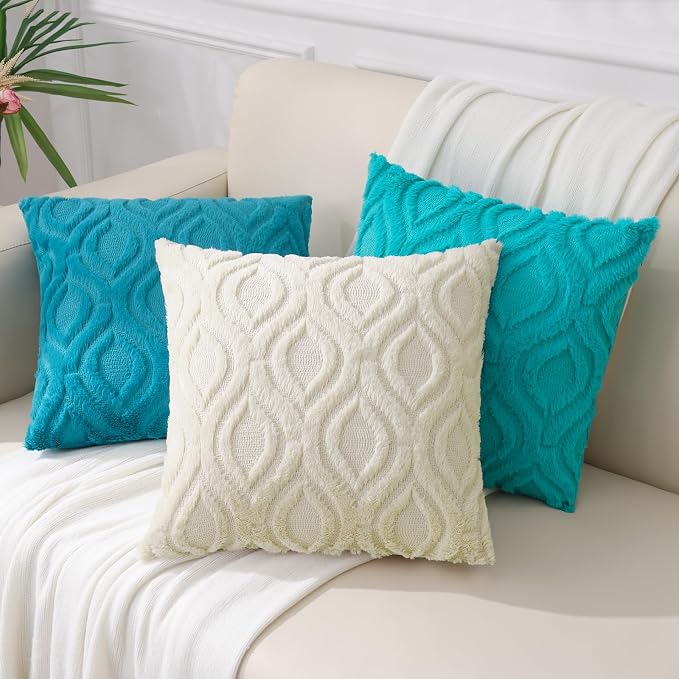 decorUhome Faux Fur Plush Soft Teal Throw Pillow Covers 12x20 Set of 2 | Plush Solid Fall Couch Pillow Covers, Accent Modern Farmhouse Neutral Decorative Square Pillow Cases for Sofa Bed Living Room