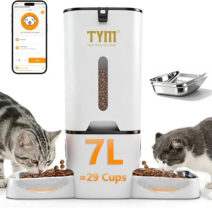Dual Automatic Cat Feeder 7L WiFi Dry Food Dispenser for 2 Cats Muti Pets | Anti Food Stealing | Multi-pet Household | Large Capacity | Stainless Steel Bowl | Programmable | Dual Power Supply