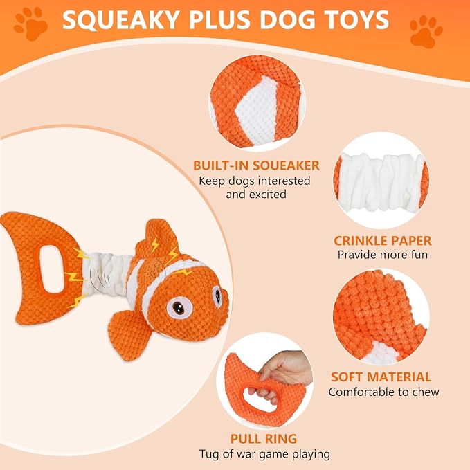 Squeaky Clownfish Dog Toy, Plush Crinkle Tug Toy with Handle