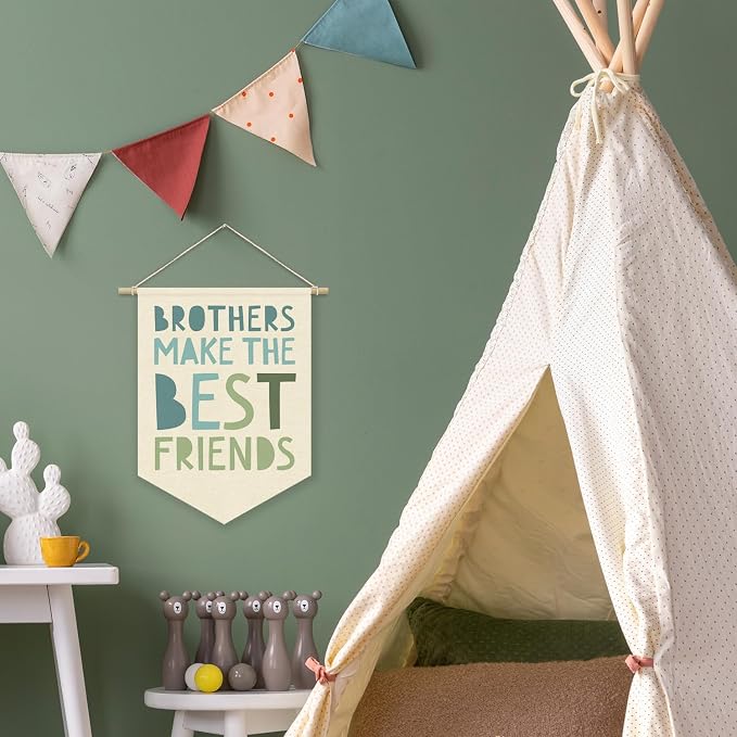 Boy Nursery Decor Canvas Banner,Brothers Make The Best Friends Bedroom Playroom Wall Art Decorations,Boho Twin Room Sign,Big Bro Lil Bro, Sage Green Blue Kids Room Wall Hanging Pennant Banner
