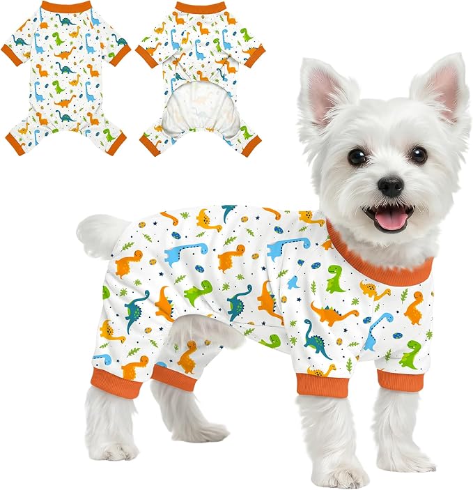 Dog Pajamas for Small Medium Dogs Pjs Orange Dinosaurs Dog Onesie Breathable Puppy Pj Pet Stretchy Soft Sleepwear for Spring Summer Costume-XL