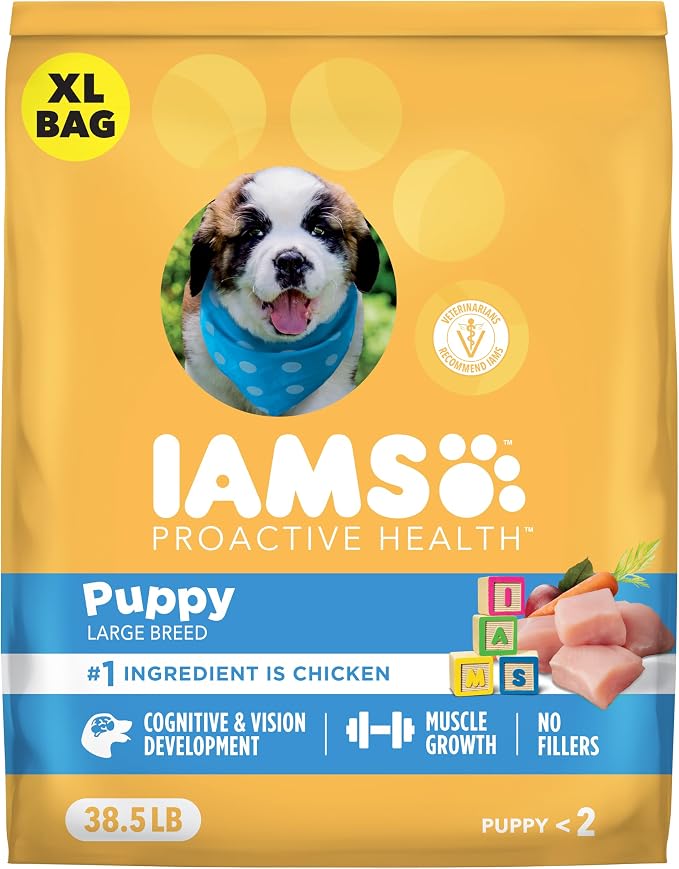 IAMS Proactive Health Large Breed Puppy Dry Dog Food, Chicken, 38.5 lb | Real chicken #1 ingredient, Omega-3 DHA for cognitive & vision development, optimal calcium for bones & joints, Vitamin E