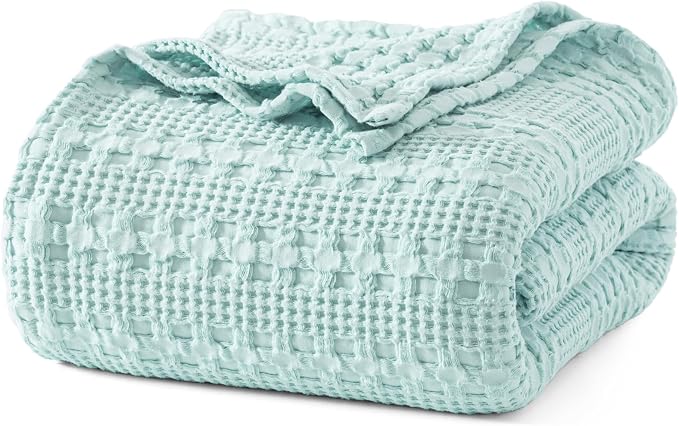 PHF 100% Cotton Waffle Weave Blanket King Size, Lightweight Breathable Summer Blanket for Hot Sleepers, Pre-Washed Soft Layer for Bed, Couch, Home Decor Gift, 108"x90", Mint