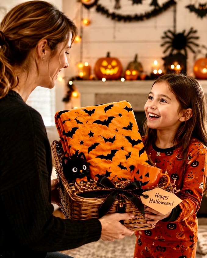 Halloween Fleece Throw Blanket, Black Bats on Orange background, 50x70 in | Ultra-soft cozy flannel fleece, for sofa couch bed chair & dorms, spooky Halloween décor, durable and machine washable.