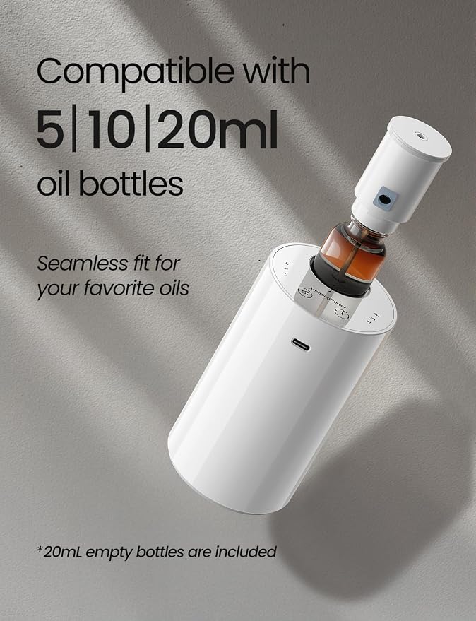Waterless Essential Oil Diffuser, Portable Aromatherapy Diffuser with 20mL Capacity, Battery Operated Mini Scent Diffuser,3 Mist Levels & Timers, Leak-Free, for Home, Car, Office (White)