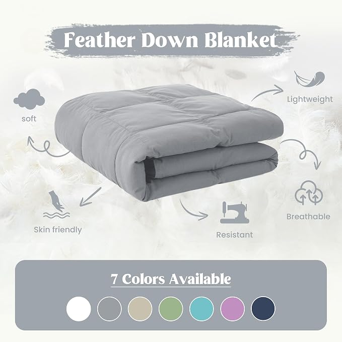 puredown® Soft Feather Down Blanket Lightweight Packable Down & Feather Fill Blanket for Indoor and Outdoor Use, Queen Size Blankets, 88"X90", Alloy Gray