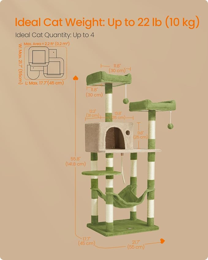 Feandrea Cat Tree, 55.8-Inch Cat Tower, Multi-Level Plush Condo with 11 Scratching Posts, 2 Perches, Hammock, Cave, Grass Green and Camel Brown UPCT015CB02