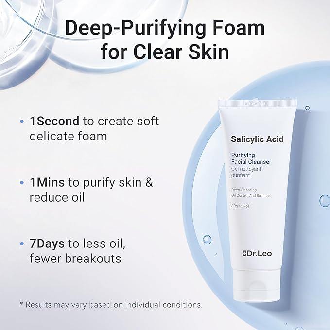 Dr.Leo Salicylic Acid Foaming Cleanser, Face Wash for Oily, Combo & Acne-Prone Skin | 8 Amino Acids Gentle Non-Irritating, 3X Crystal Jelly Deep Clean, Oil Control, Prevents Breakouts, 2.7 oz