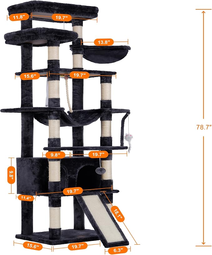 Heybly Tall Cat Tree 78-inch Multi-Level Cat Tower for Indoor Cats HCT033G | Cat Condo with 2 Widened Plush Perches, Multi-Level Cat Furniture with Scratching Board, Big Caves, Smoky Gray