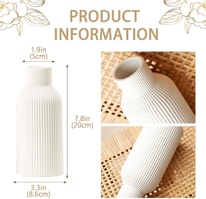 Bohemian White Ceramic Vase - for Pampas Grass, Mantel, Bookshelf, Entryway and Living Room Decor (White, 8in)
