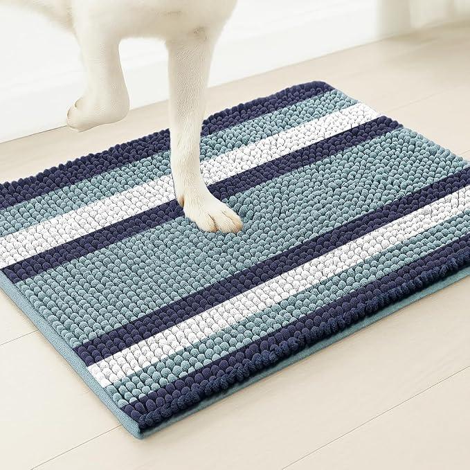 Muddy Mat® Super Absorbent Loop-Thread Chenille Dog Door Mat for Muddy Paws – Non-Slip, Machine Washable Indoor Entry Rug, Quick-Dry Pet Mat for Entryway – Ocean Stripes 19"x30"