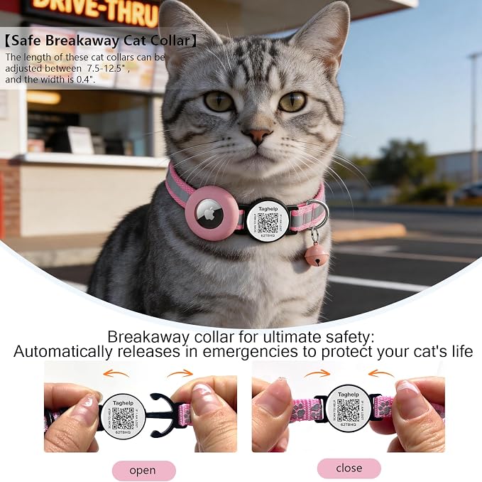 2 Pack Airtag Cat Collar, Breakaway Cat Airtag with Smart ID tag & QR Code Reflective (Reflective Strip & Paw Pattern - Pink, with Integrated AirTag Holder)