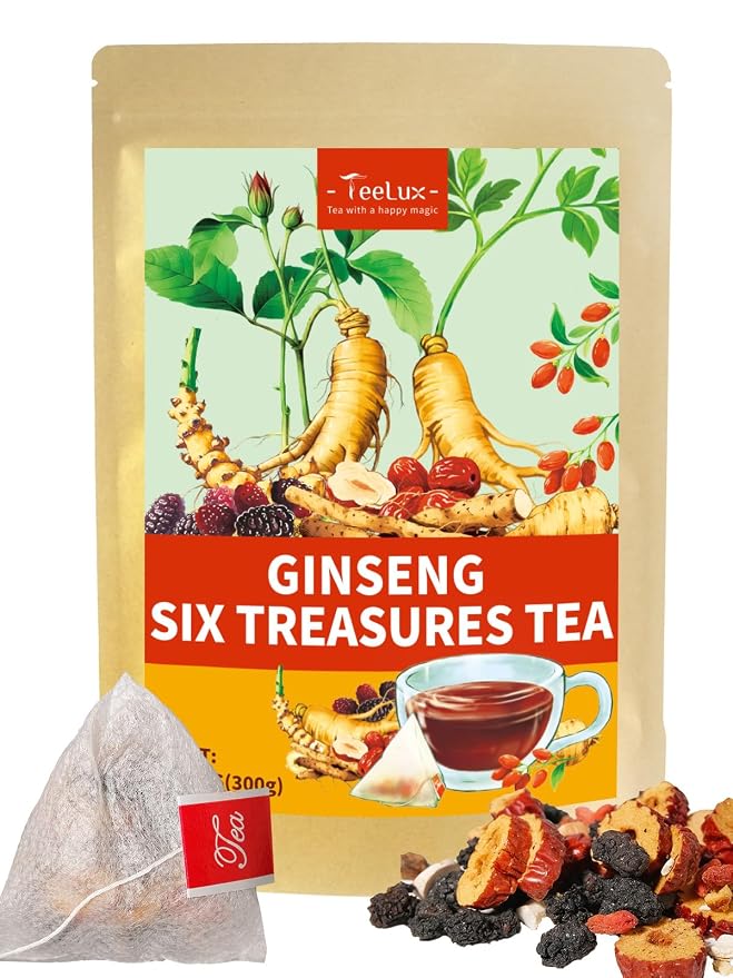 TeeLux Ginseng Six Treasures Tea, Traditional Chinese Herbal Tea Blend with Ginseng, Mulberry, Goji Berry, Yam, 30 Biodegradable Pyramid Bags, Caffeine-Free
