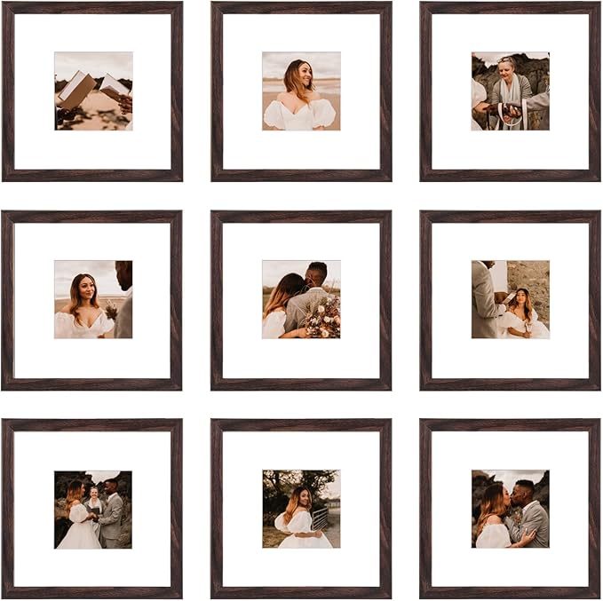 8x8 Picture Frame Set of 9, Display Pictures 4x4 with Mat or 8x8 without Mat, Multi Collage Gallery Square Photo Frames for Wall or Tabletop, Brown